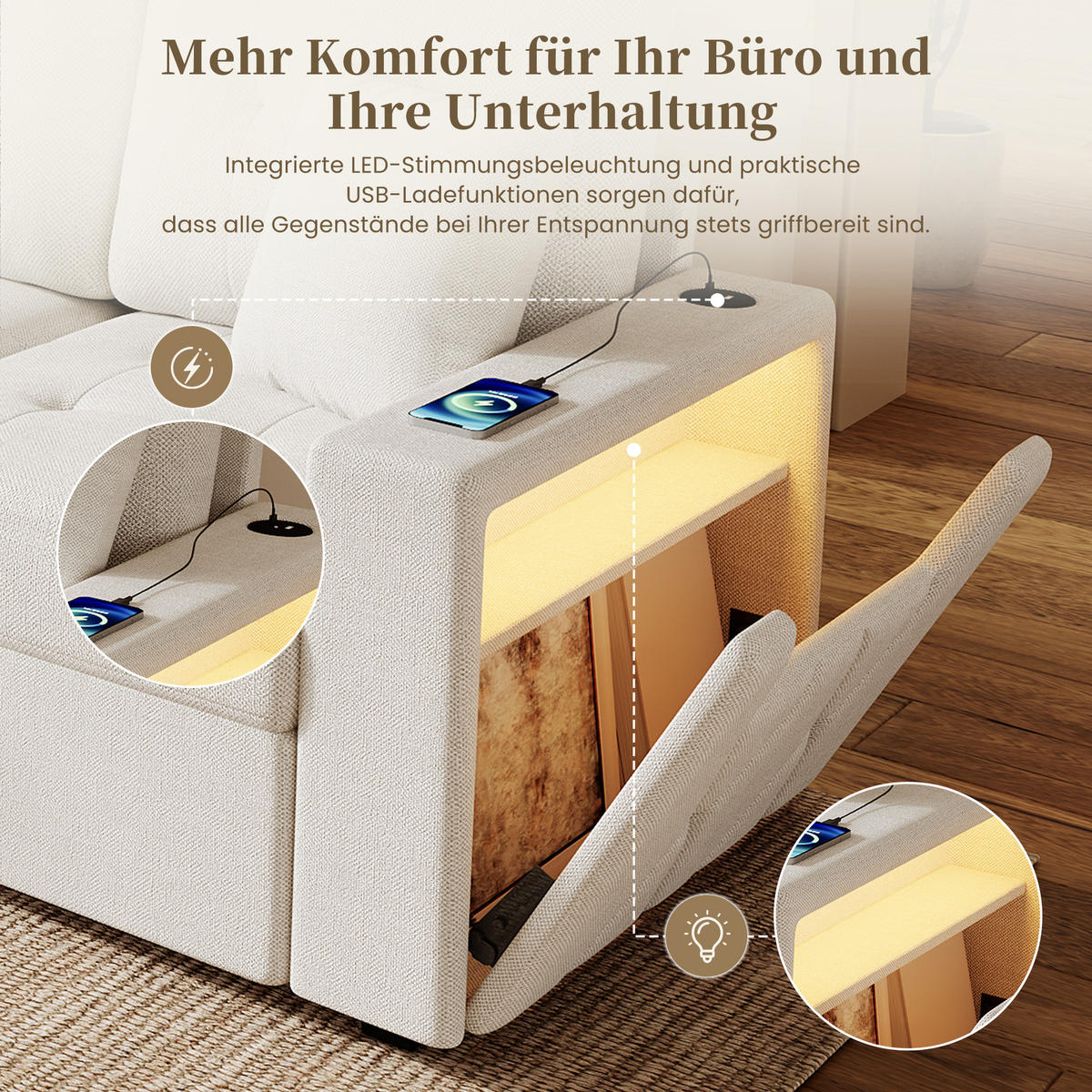 ECKSOFA 253/144.5/80.7 cm Beige mit Aufbewahrungshocker, LED Stimmungslicht und Stauraum - Beige, Textil (253/144.5cm) - Oxeza