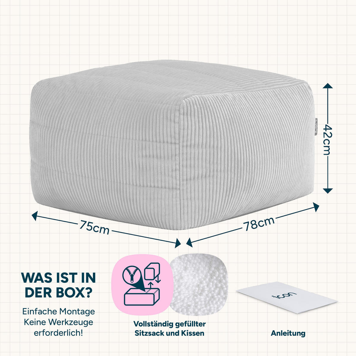 SITZSACK-HOCKER Noa modular Cord - Beige, Textil (75/70/78cm) - icon