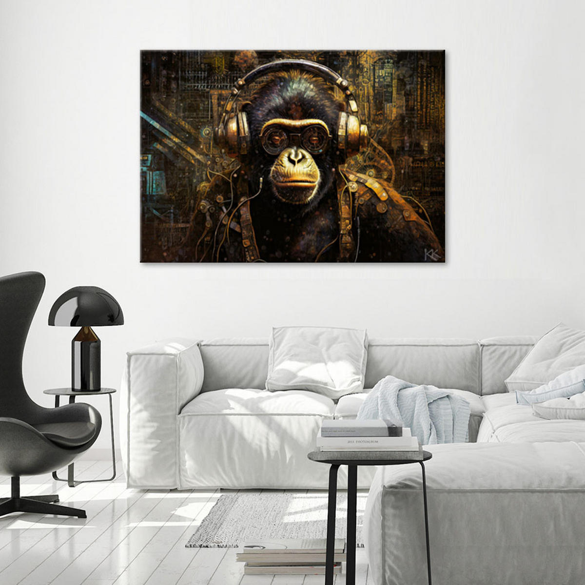 LEINWANDBILD Schimpanse mit Kopfhörern 90x60cm - Braun, Textil (90/60cm) - Feeby