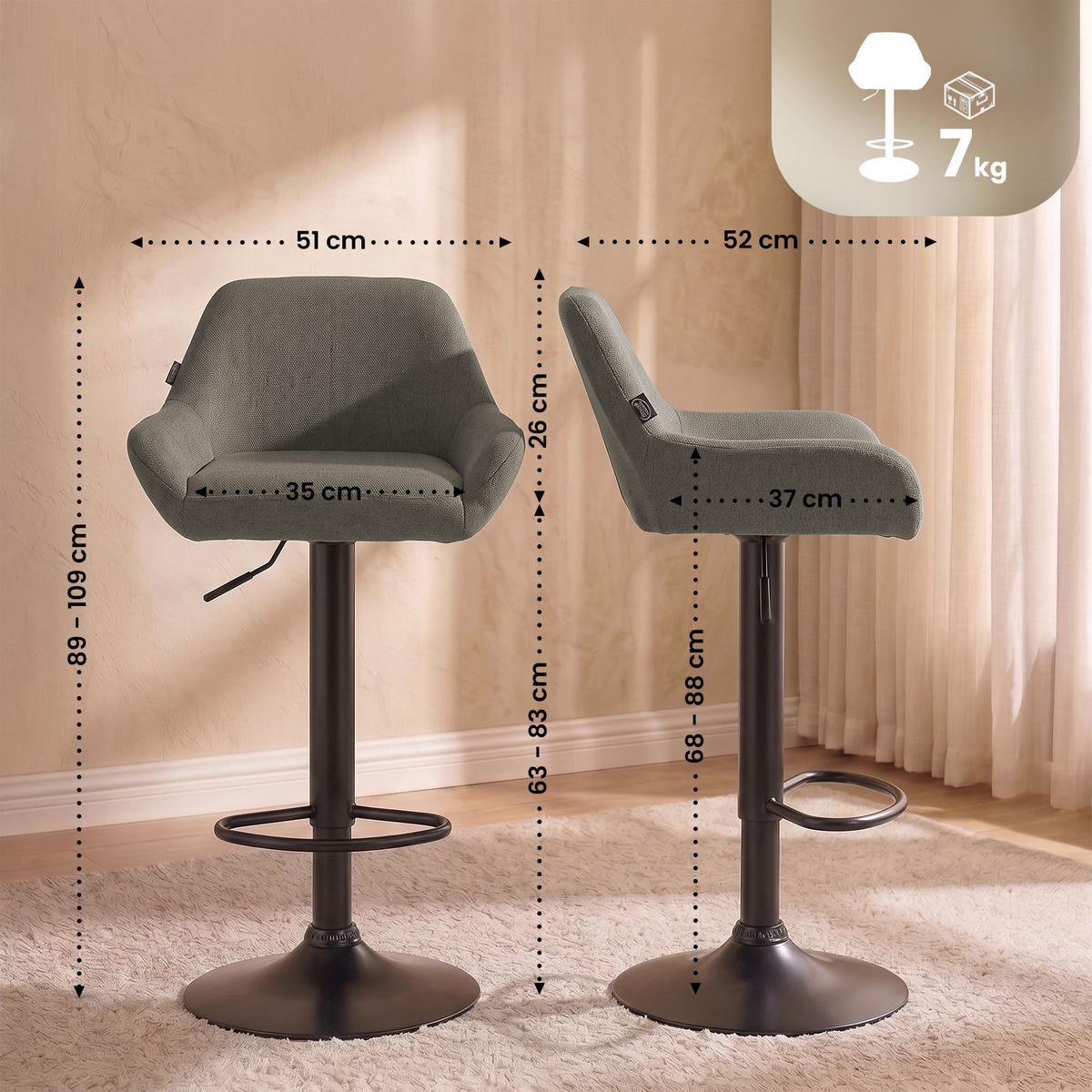 BARHOCKER 2 Stoff Taupe - Taupe/Schwarz, Textil/Metall (51/89/52cm) - CLP