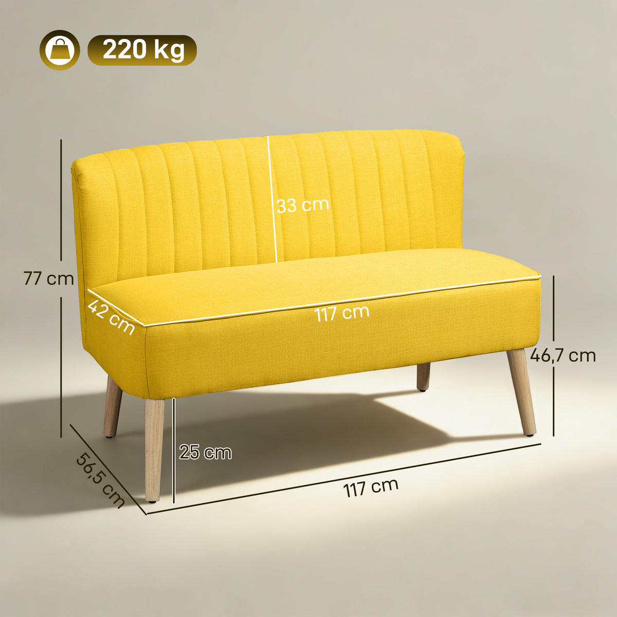 SOFA 2-Sitzer Couch Stoffsofa Sitzmöbel Polstersofa Loungesofa breit Gelb - Gelb/Naturfarben, Holz/Textil (56.5/77/117cm) - HOMCOM