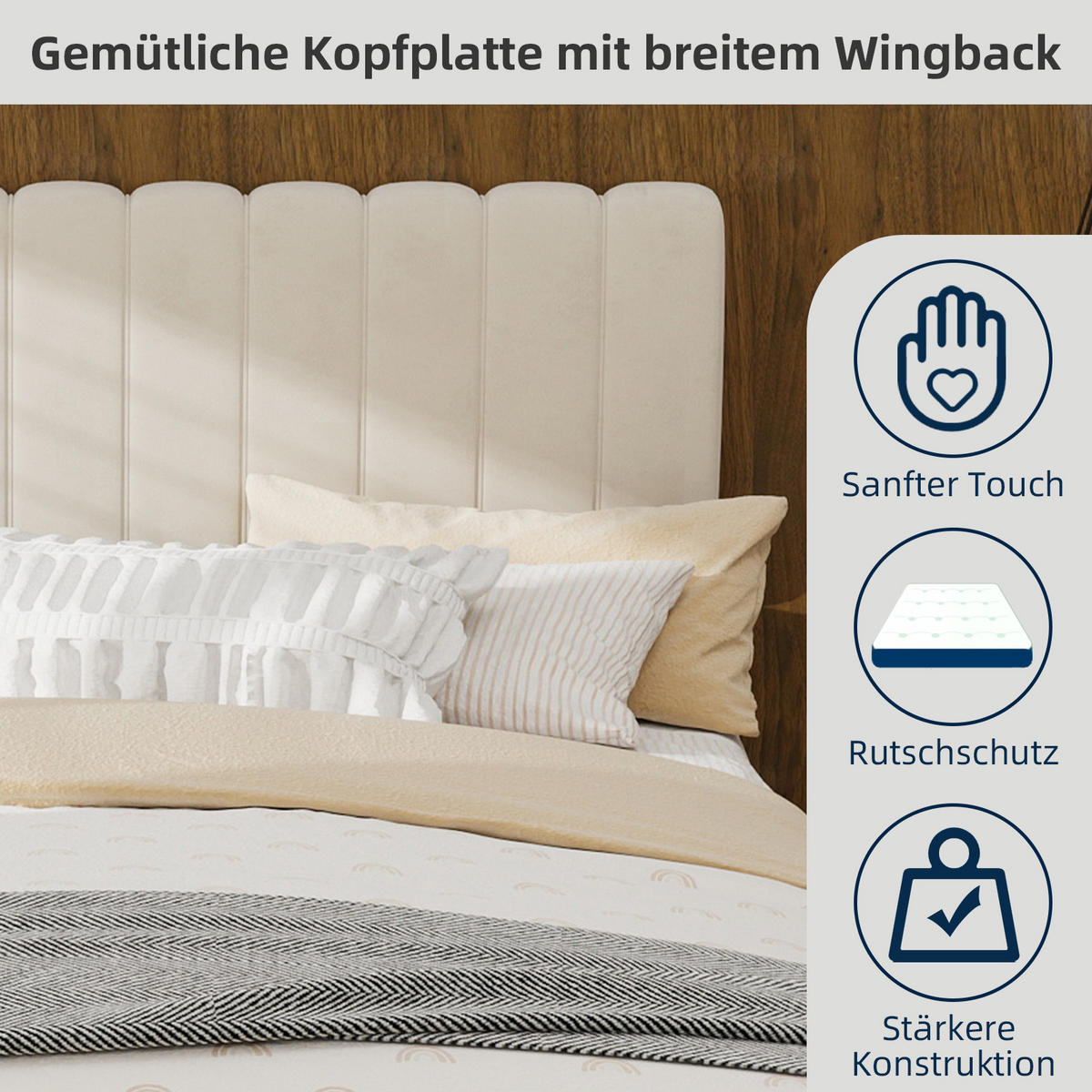 POLSTERBETT 140/200 cm in Beige Samt - Beige, Holzwerkstoff/Textil (140/200cm) - WISHDOR