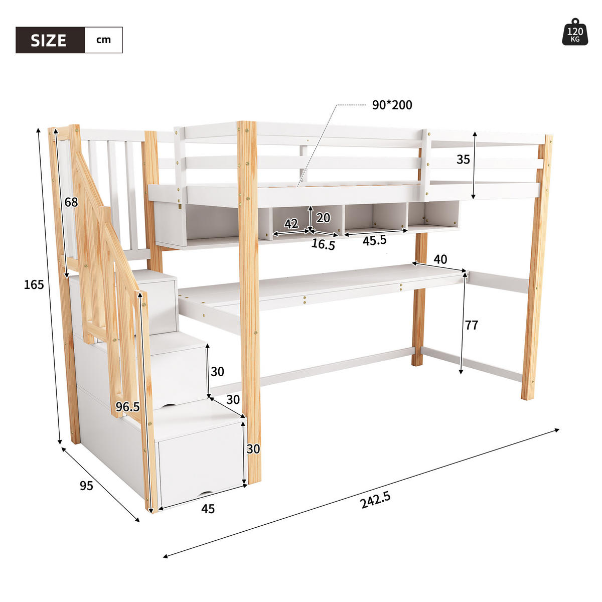 HOCHBETT 90x200cm mit großen Schreibtisch in natürlich und wei - Naturfarben, Holz (90/200cm) - KOMHTOM
