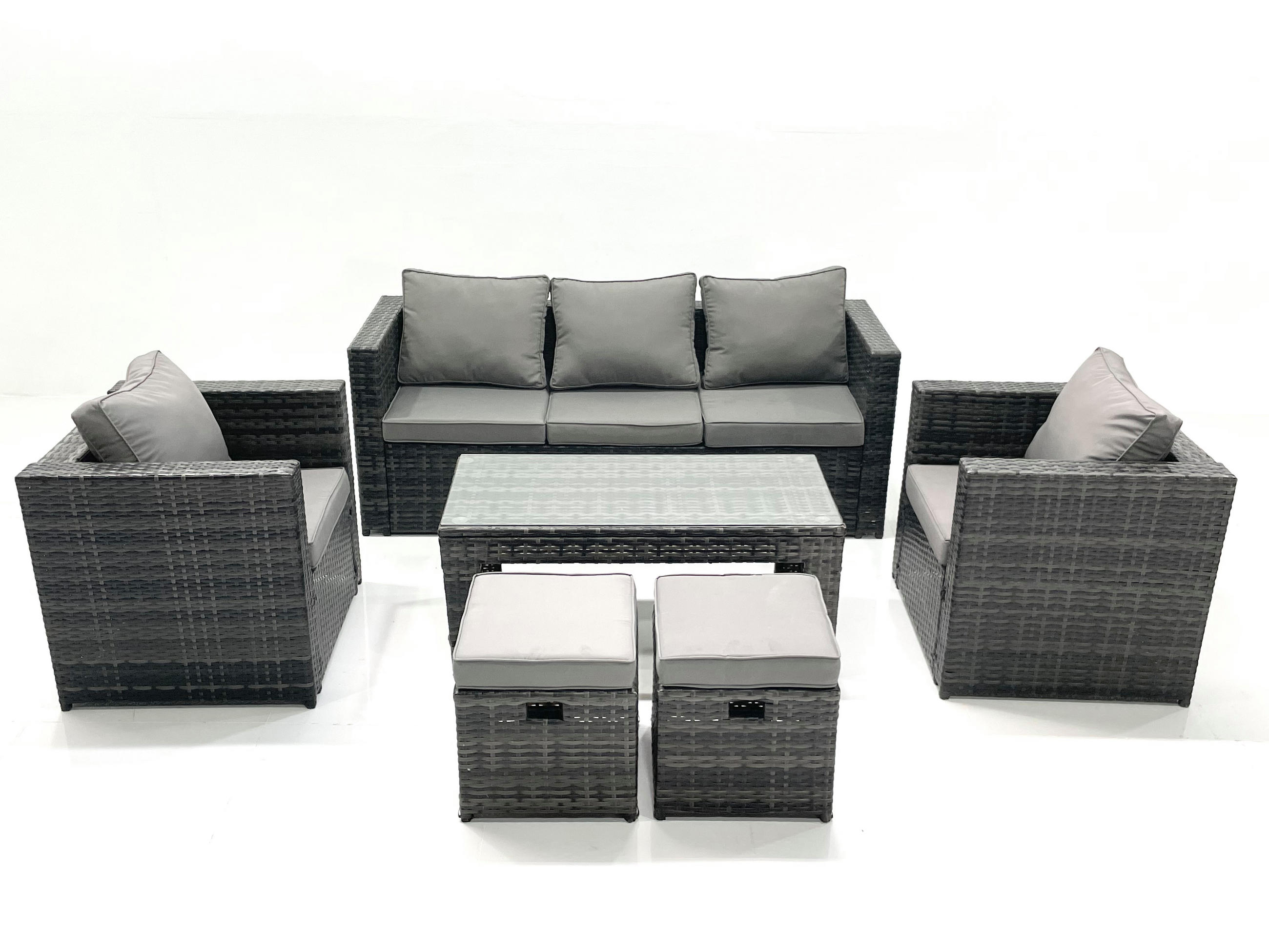 GARTENMÖBEL-SET COUCHTISCH SESSEL SOFA mit HOCKER Polyrattan Dunkelgrau Gemischt 7-Sitzer - Dunkelgrau/Grau, Glas/Kunststoff - Fimous