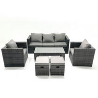 GARTENMÖBEL-SET COUCHTISCH SESSEL SOFA mit HOCKER Polyrattan Dunkelgrau Gemischt 7-Sitzer - Dunkelgrau/Grau, Glas/Kunststoff - Fimous