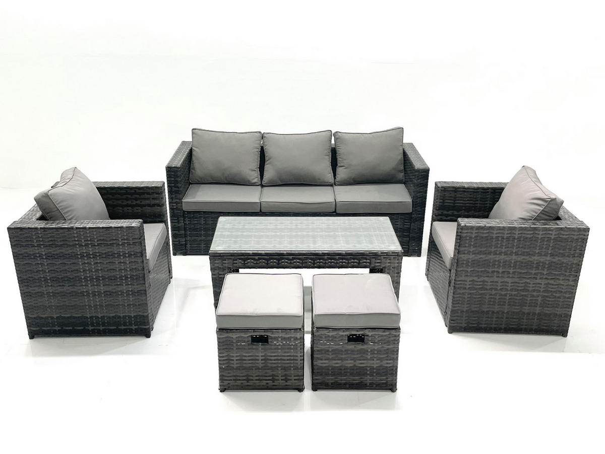 GARTENMÖBEL-SET COUCHTISCH SESSEL SOFA mit HOCKER Polyrattan Dunkelgrau Gemischt 7-Sitzer - Dunkelgrau/Grau, Glas/Kunststoff - Fimous