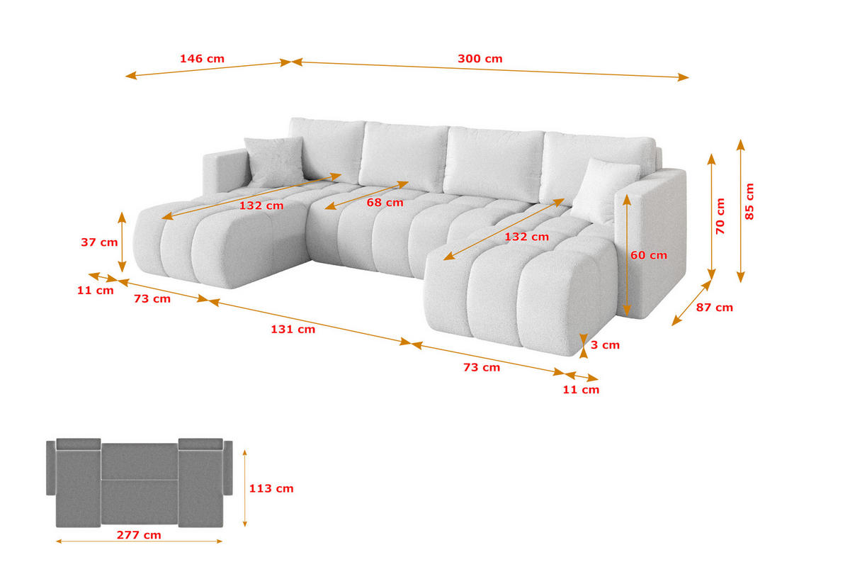 SEDACÍ SOUPRAVA DO U s funkcí spaní a úložným prostorem GARD-U 300x146x85 bílá bouclé - bílá/černá, kompozitní dřevo/textil (300/85/146cm) - ALTDECOR