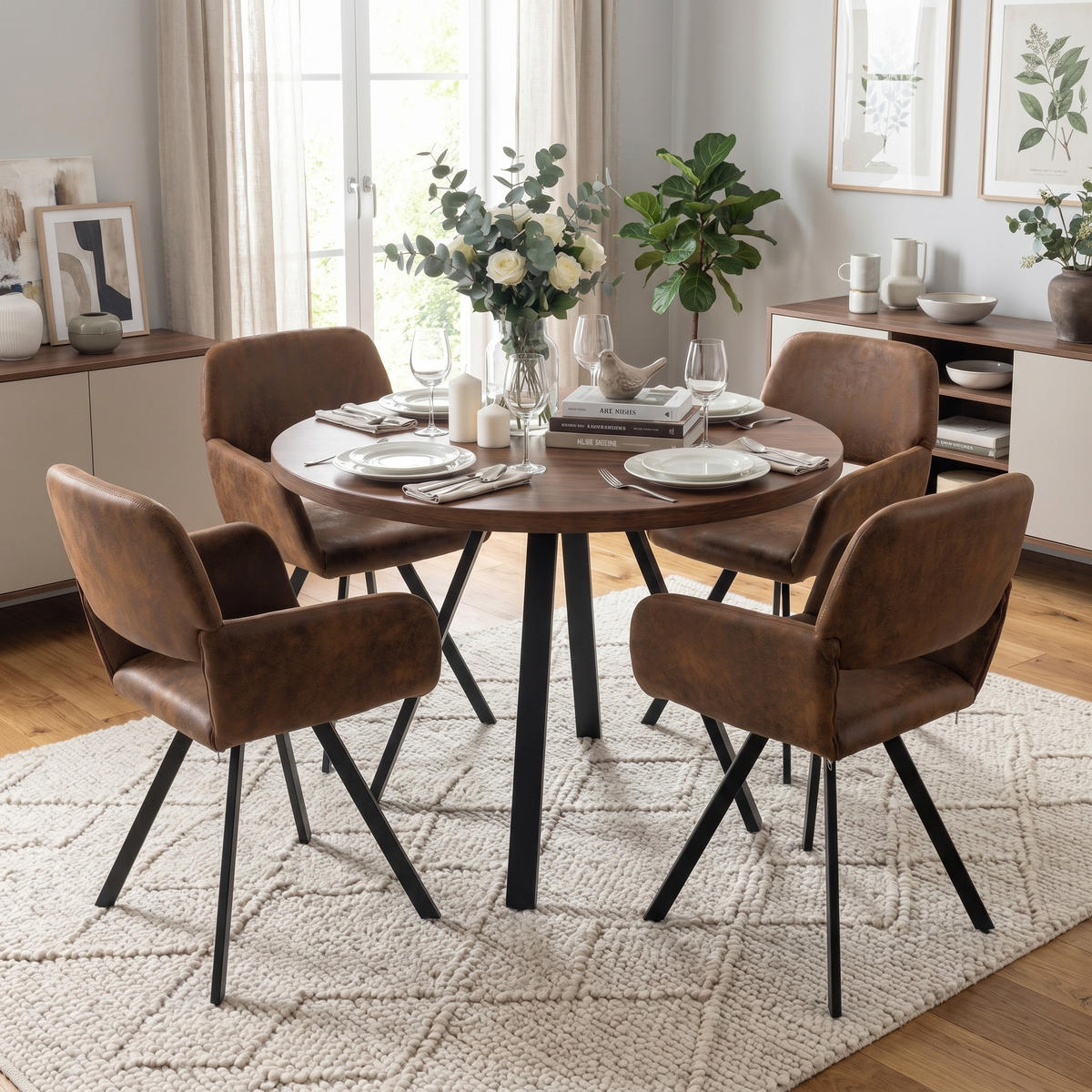 ESSTISCH-SET 1+4, runder Tisch in Walnuss-Optik mit 4 Esszimmerstühlen - Walnussfarben/Schwarz, Holzwerkstoff (80/75/80cm) - Urban Meuble
