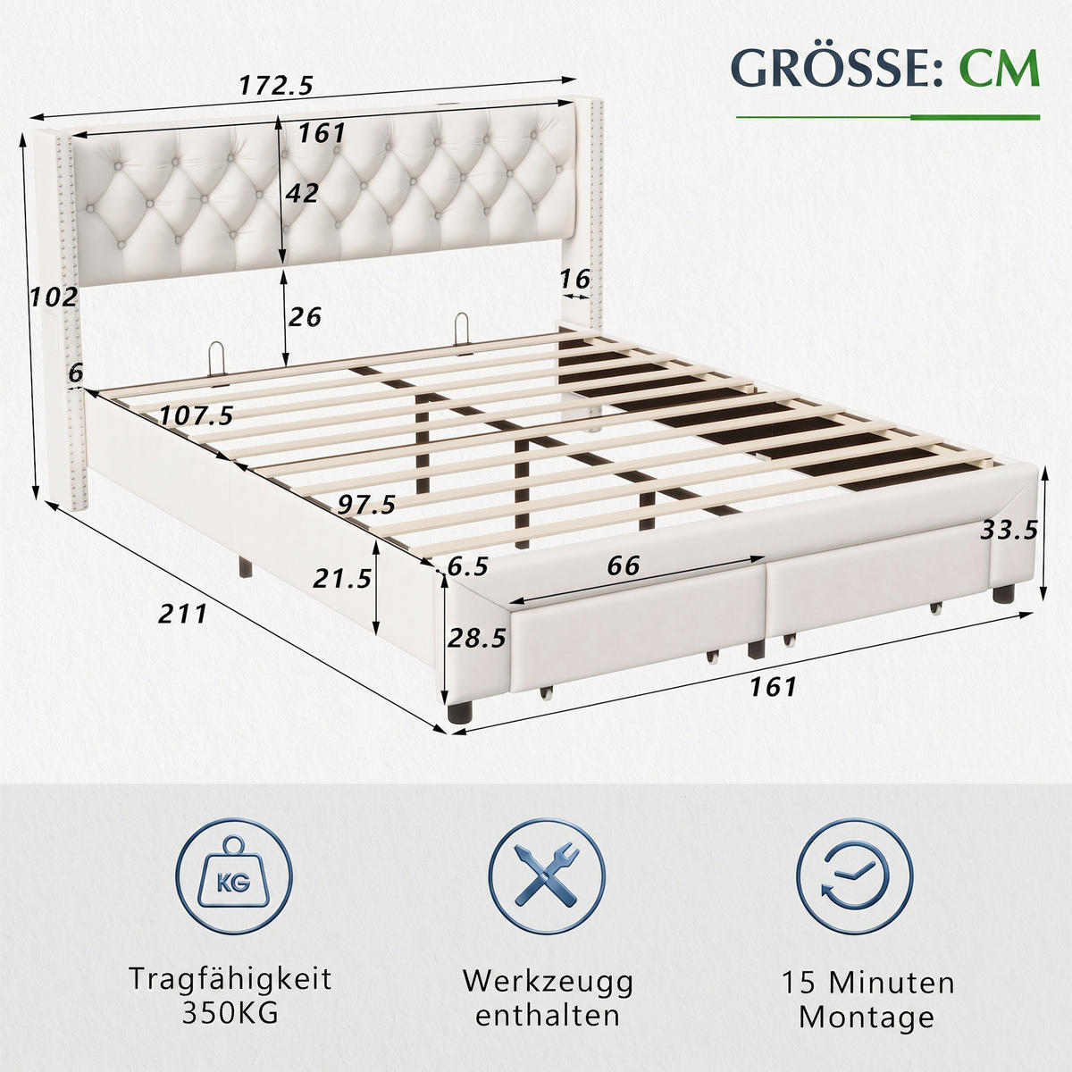 POLSTERBETT 160x200 mit LED und USB, Stauraum, Lattenrost und 2 Schubladen, in cremeweißem Samt - Ecru, Holz/Textil (160/200cm) - GENKI LIVING