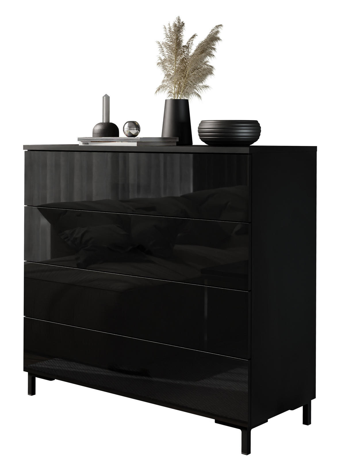 KOMMODE LINA 95 PUSH OPEN mit schwarzen Beinen - Schwarz, Holzwerkstoff (95/86/40cm) - Lookway