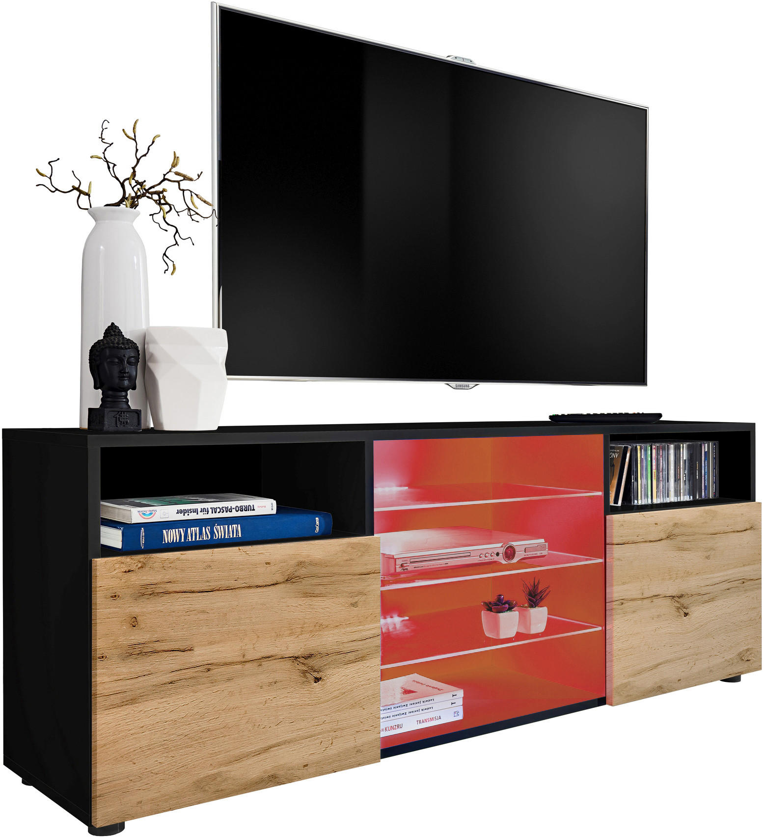 SIDEBOARD TV URBINO Black, LED Beleuchtung Mehrfarbige - Eiche Wotan/Schwarz, Glas/Holzwerkstoff (140/53/35cm) - Komodee