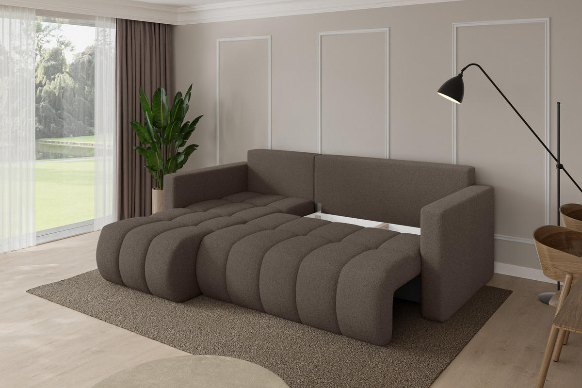 ROHOVÁ SEDAČKA s funkcí spaní, otoman vlevo GARD-L 226x146x85 hnědá bouclé - černá/hnědá, kompozitní dřevo/textil (226/146cm) - ALTDECOR