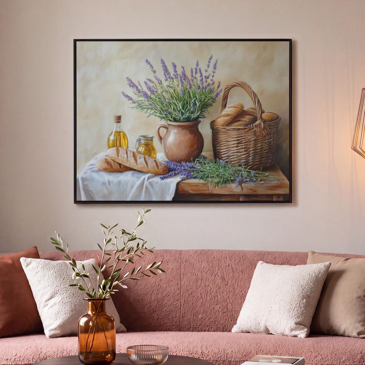 LEINWAND Bilder mit Rahmen - Lavendel - Brot - Stilleben - 100x70 - Flieder, Textil (100/70cm) - MuchoWow