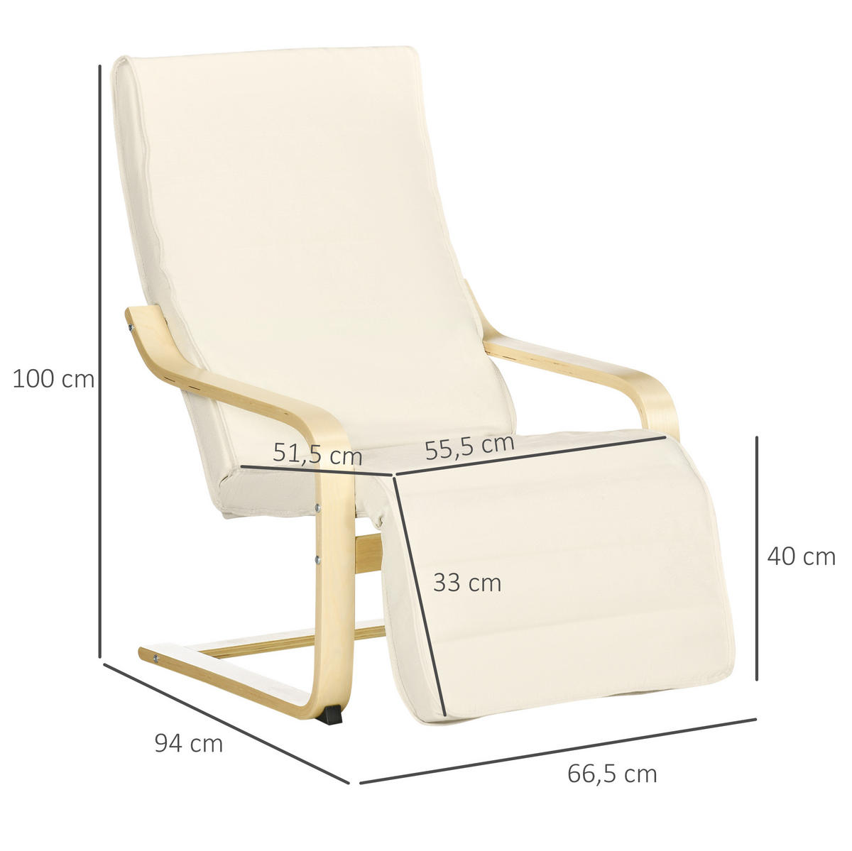 RELAXAČNÍ křeslo 66,5/94/100 cm krémově bílé z březového dřeva a polyesteru s nastavitelnou podnožkou - béžová, textil (94/100/66.5cm) - OKWISH