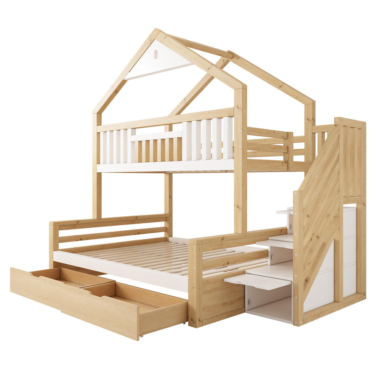 ETAGENBETT Holz 140x200 cm Weiß & Eiche mit Treppenschrank, 2 Schubladen und Giebeldach - Weiß, Holz (140/200cm) - Modfu