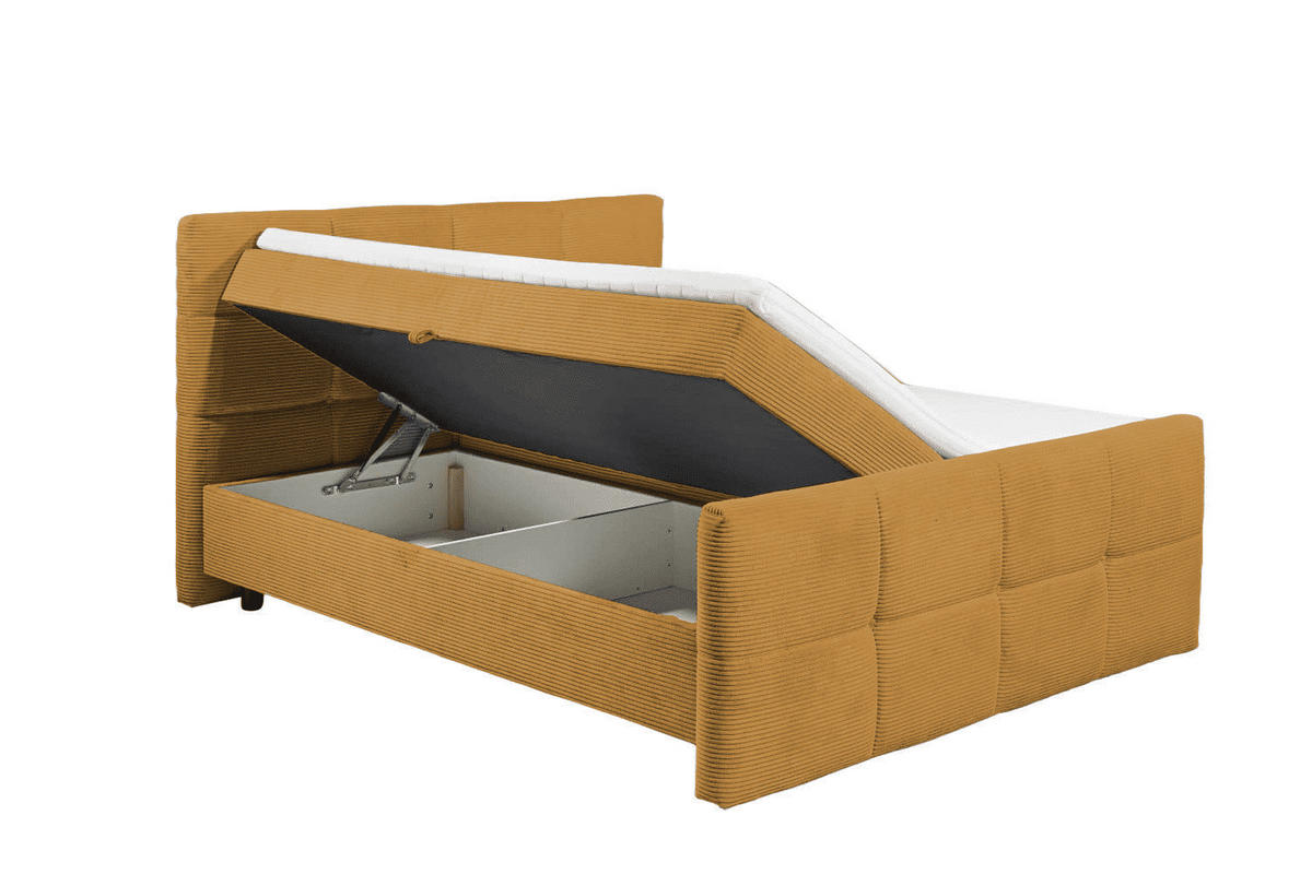 BOXBETT Breitcord, 7-Zonen-Tonnentaschen-Federkernmatratze, HR-30 Topper, Bettkasten - Gelb/Schwarz, Holz/Kunststoff (180/200cm) - ed exciting design