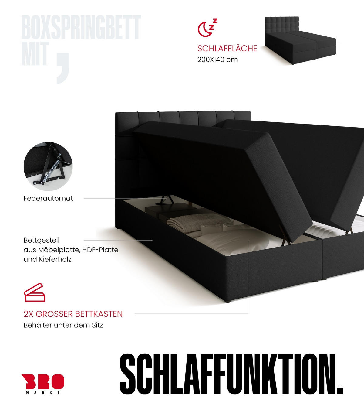 BOXBETT Detroit mit Topper 140/200 Anthrazit - Anthrazit, Holzwerkstoff/Textil (140/200cm) - Bromarkt