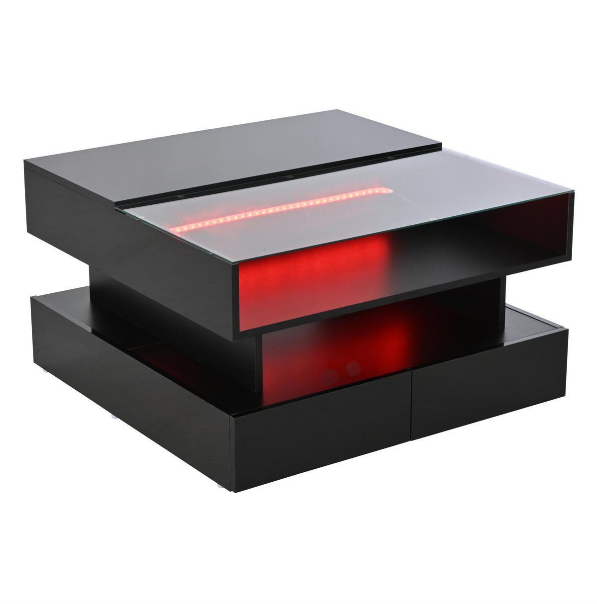 COUCHTISCH 80/80/45 cm schwarz aus Spanplatte und gehärtetem Glas mit Höhenverstellung, LED und Stauraum - Schwarz, Holzwerkstoff (80/80/45cm) - OKMYHOME