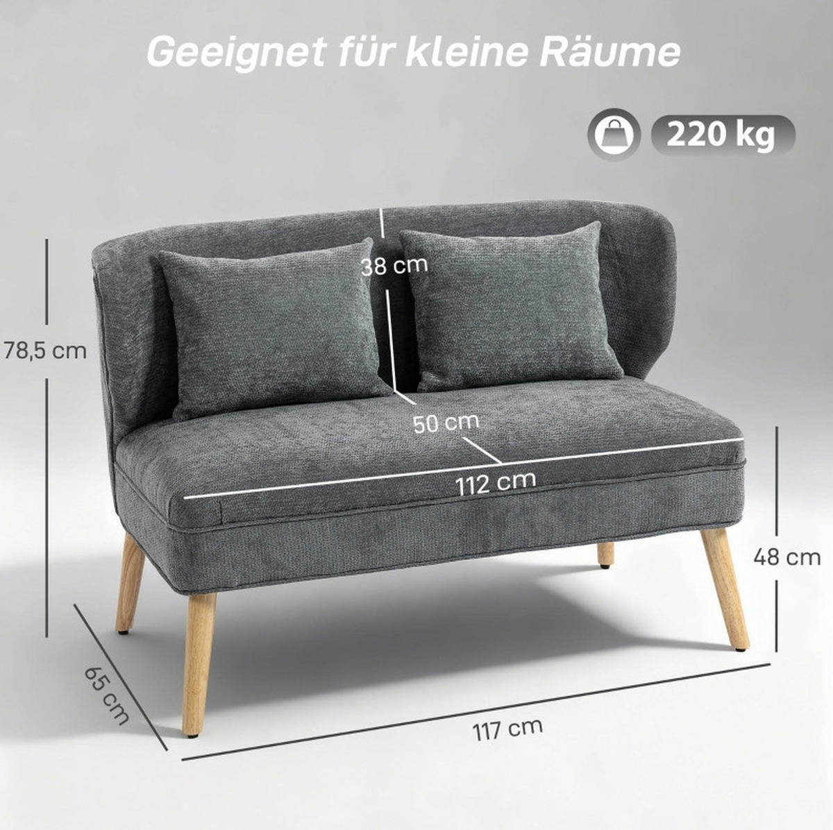 2-SITZER-SOFA aus Kautschukholz 117x65x78,5 cm in Grau mit Chenille-Bezug - Grau, Textil (65/78.5/117cm) - Modfu