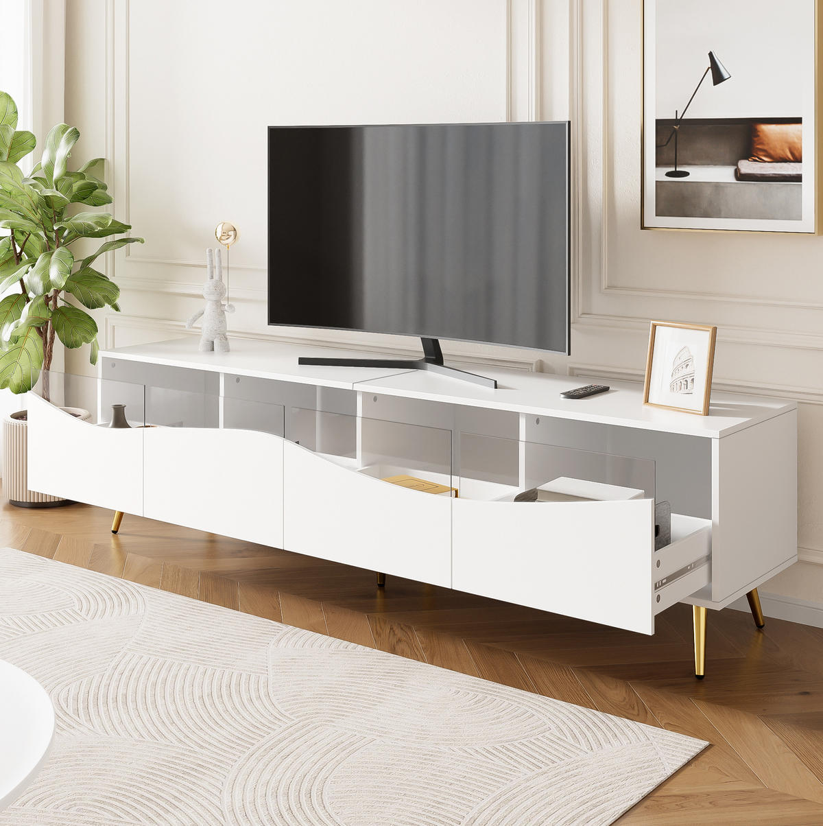 TV-SCHRANK in Weiß mit Glasfronten, LED und goldfarbenen Metallfüßen 180/40/50 cm - Weiß, Holzwerkstoff (180/50/40cm) - Redom