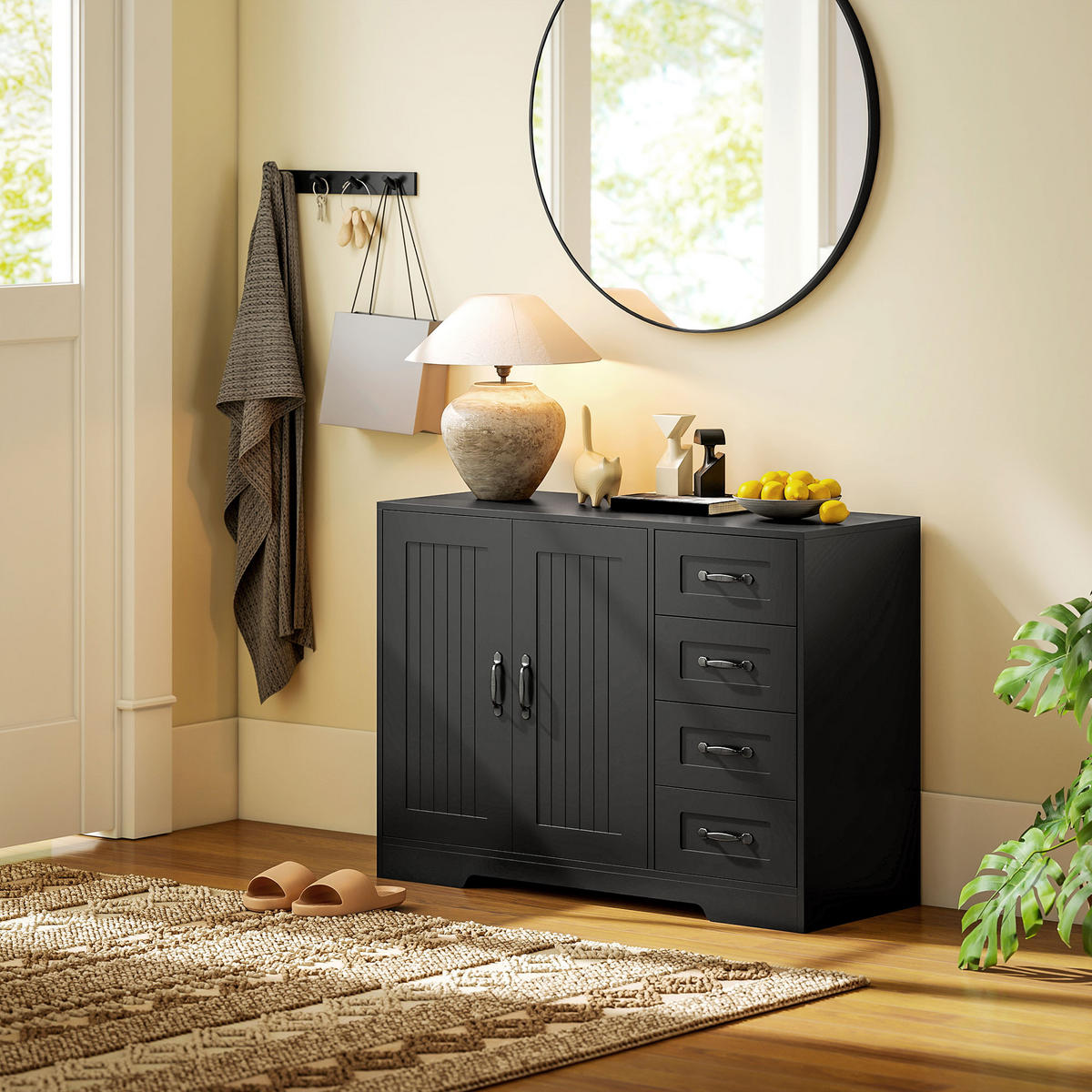 SIDEBOARD DE-08680 4 Schubladen & verstellbares Regal Schwarz - Schwarz, Holzwerkstoff (105/76/40cm) - ComfortXL
