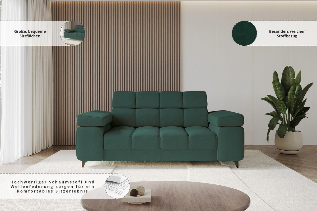 SOFA 2-Sitzer LORD-S1 194x97x90 cm Grün Samt - Grün, Holzwerkstoff/Textil (194/90/97cm) - ALTDECOR