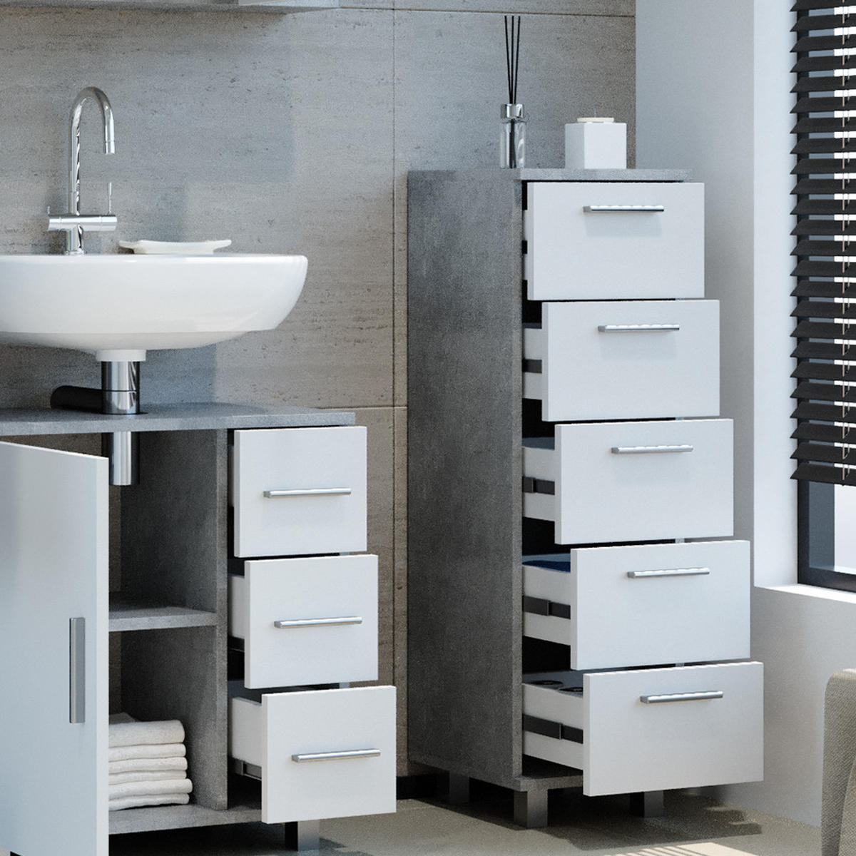 BADSCHRANK Ilias Beton 30 x 95 cm - Schieferfarben/Weiß, Holzwerkstoff (30/95/30cm) - Vicco