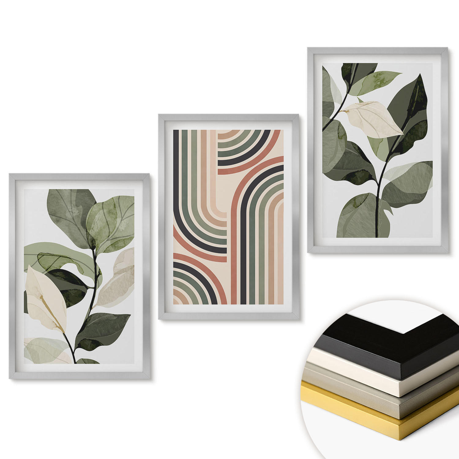 WANDBILDER 3er Set - 40x60 cm Silberner Rahmen - Geometrische Pflanzenmotive - Silberfarben, Kunststoff (40/60cm) - ArtPrintCave