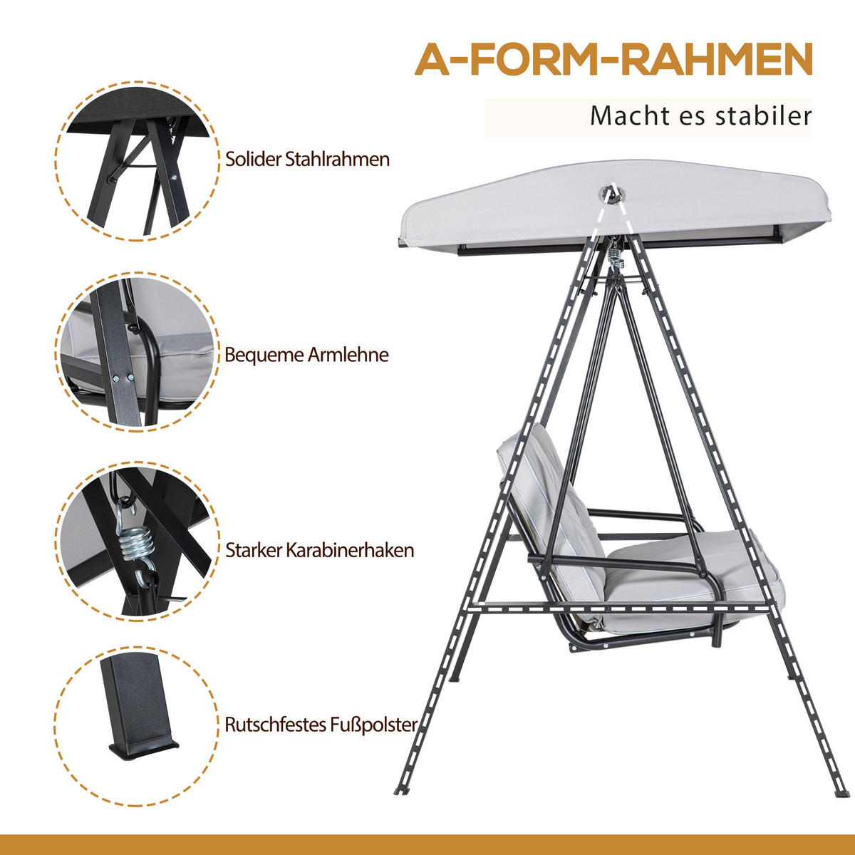 HOLLYWOODSCHAUKEL 2-Sitzer mit Verstellbarem Dach - Grau, Metall (116/172/145cm) - Outsunny