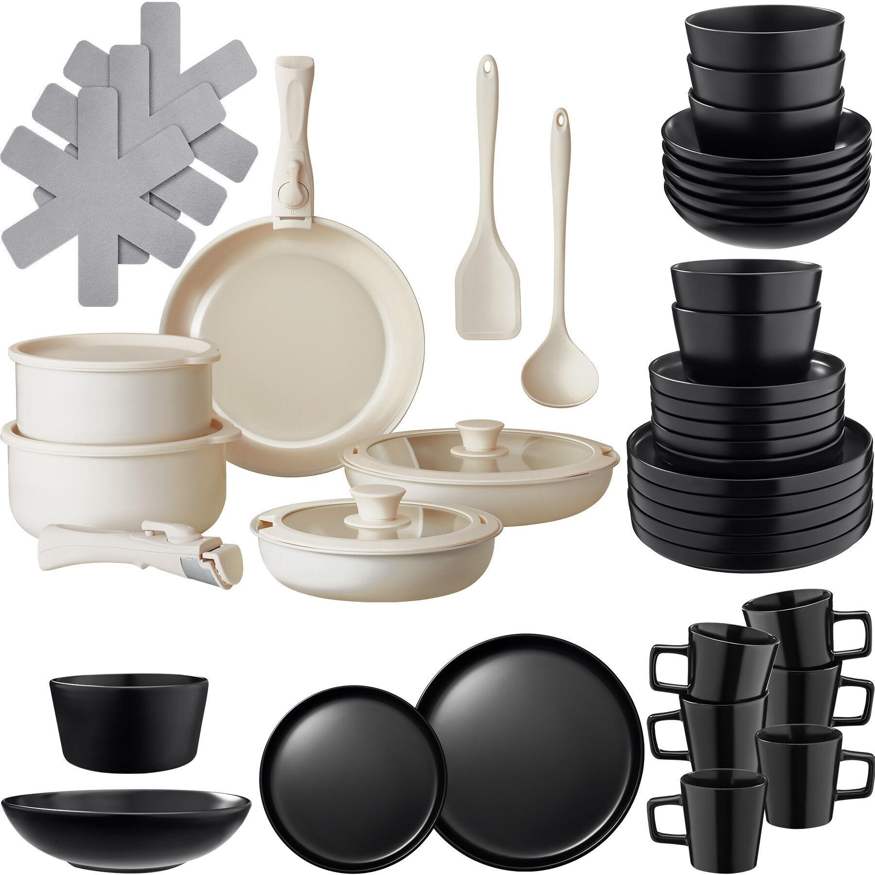 KÜCHENSTARTERSET 46er Set Una/Genua,inklusive Küchenwerkzeugen, Topfschonern und anklemmbaren Griffen,schwarz/weiß - Schwarz/Weiß, Keramik - tectake