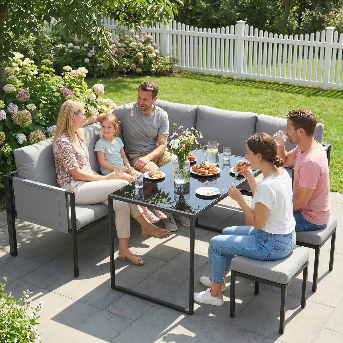 GARTENSET DE-13519 6-teilig mit Tisch & 2 Hockern Grau - Grau, Metall - ComfortXL