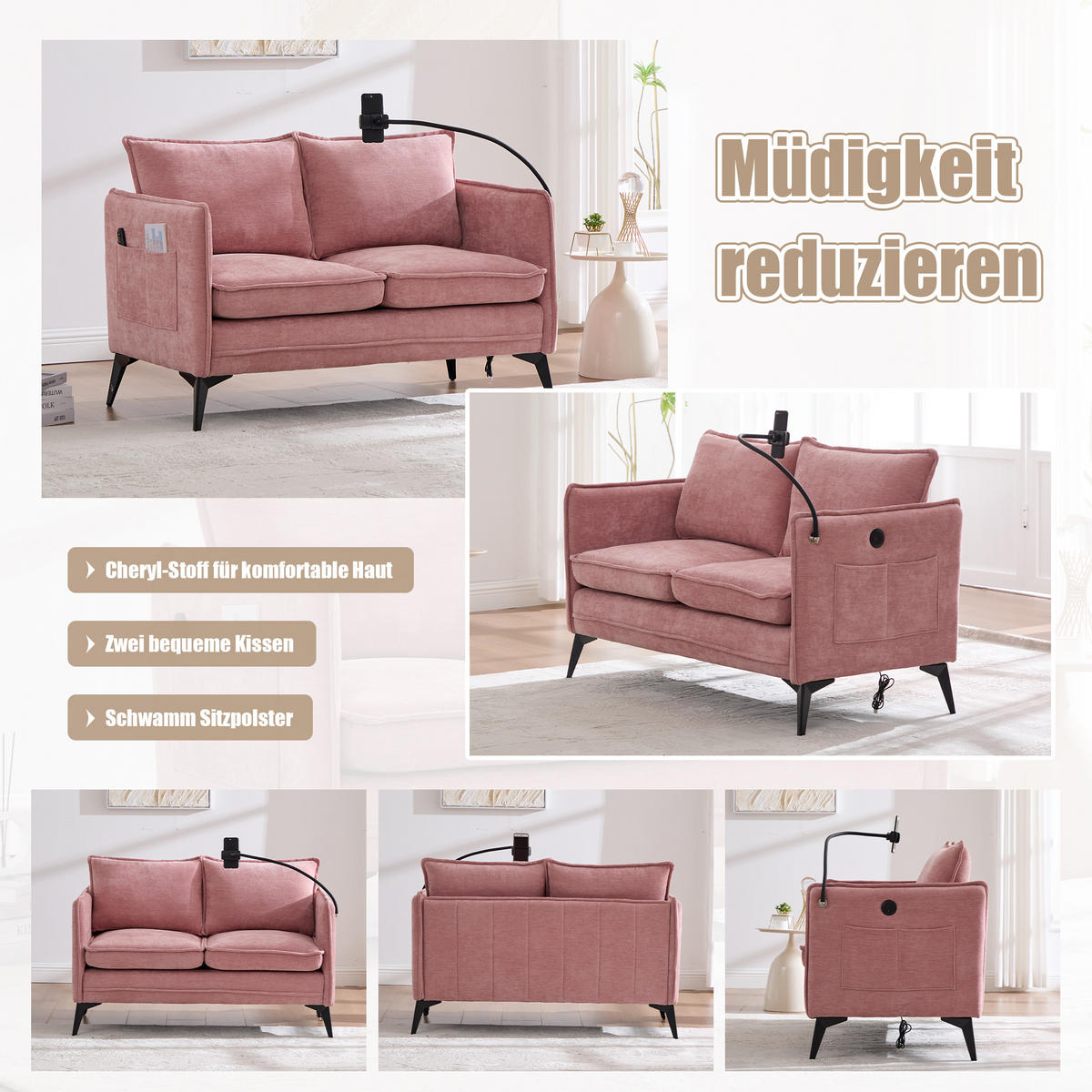 2-SITZER Sofa Chenille mit Handyhalter und Seitentaschen 127/69/66 cm Rosa - Rosa, Textil (66/127/69cm) - Redom