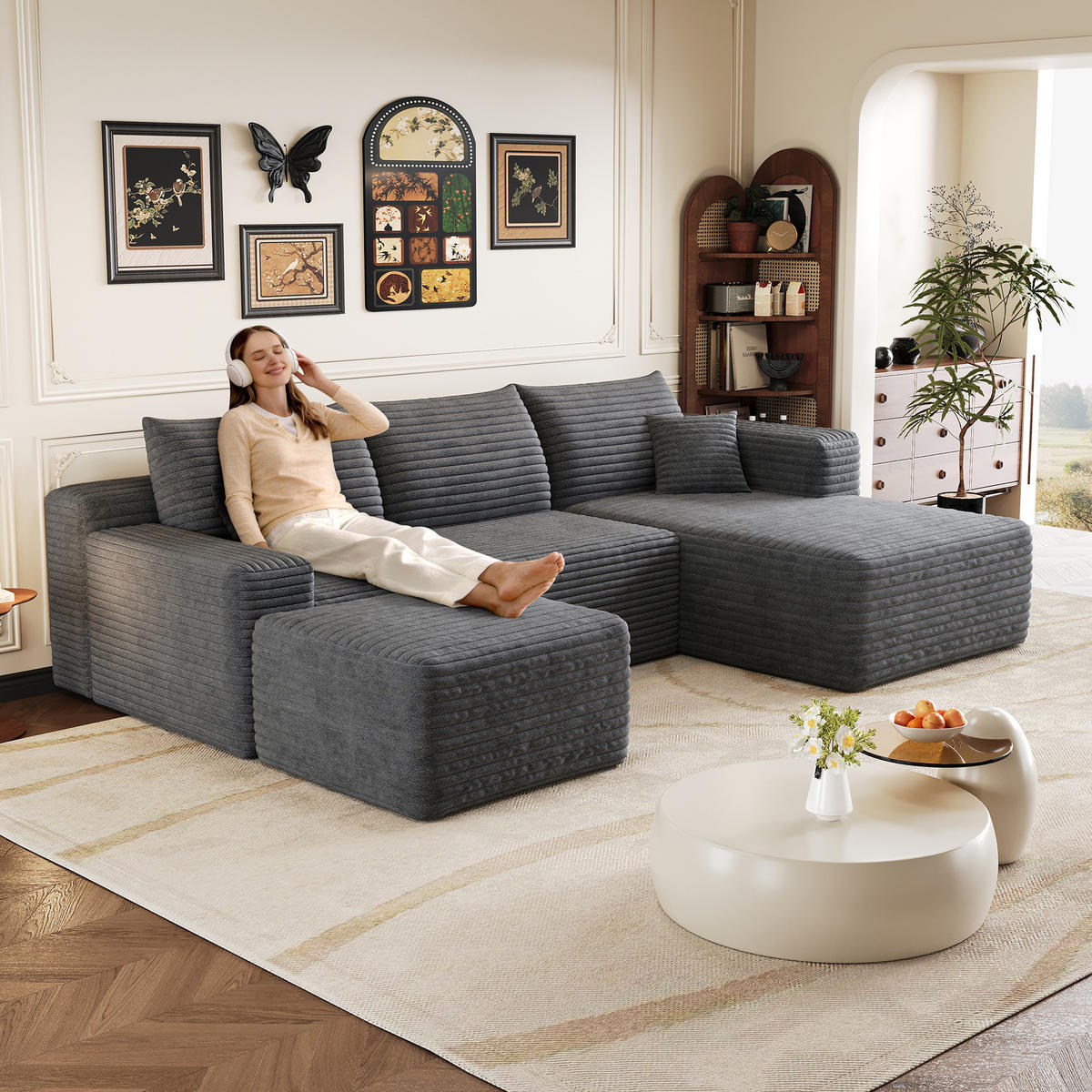 WOHNLANDSCHAFT Cord Dunkelgrau - Grau, Textil (241/58/151cm) - WISHDOR