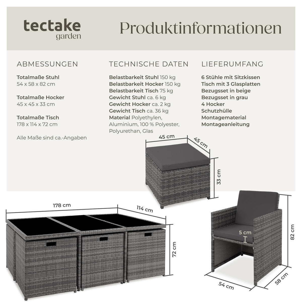 RATTAN SITZGRUPPE New York,2 Bezugssets, zusammenschiebbar, inklusive Schutzhülle,grau - Grau, Kunststoff - tectake