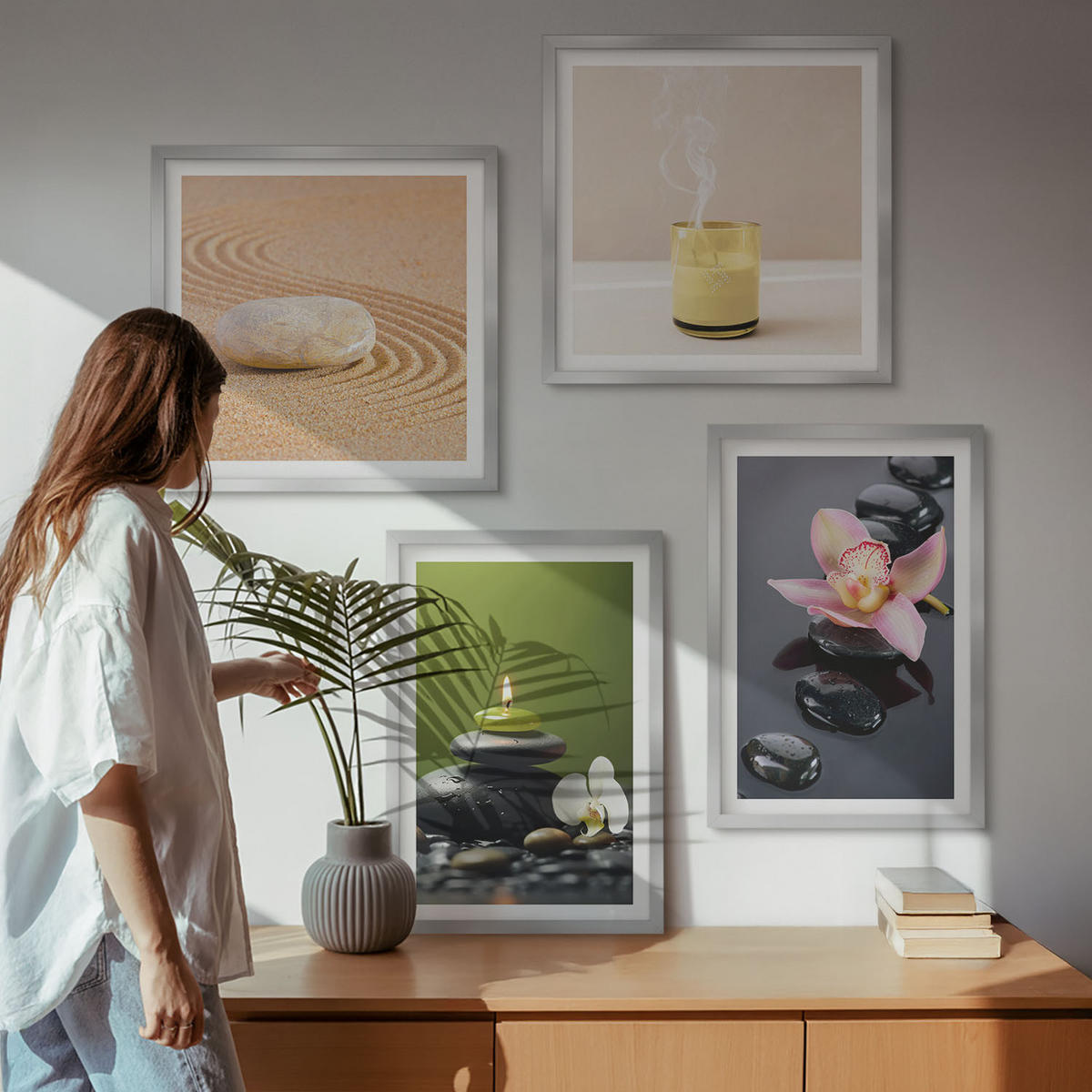 BILDER SET 4er Set - 50x50 cm & 40x60 cm Silberner Rahmen - Entspannende Zen-Steine für inneren Frieden - Silberfarben, Kunststoff (50/50cm) - TULUP