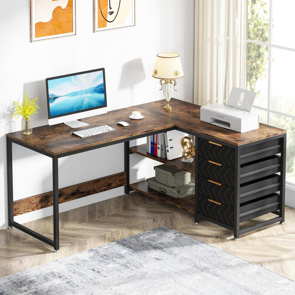 SCHREIBTISCH L-Form mit 4 Schubladen und 2 Ablagen braun 150 x 110 x 75 cm - Braun, Holzwerkstoff (150/110/75cm)