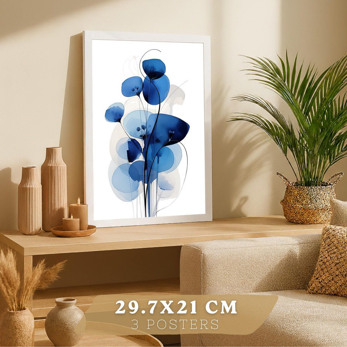 PLAKAT Sada 3 Modré květy A3 Bílý rám - bílá, papír (29.7/1/42cm) - Nacnic