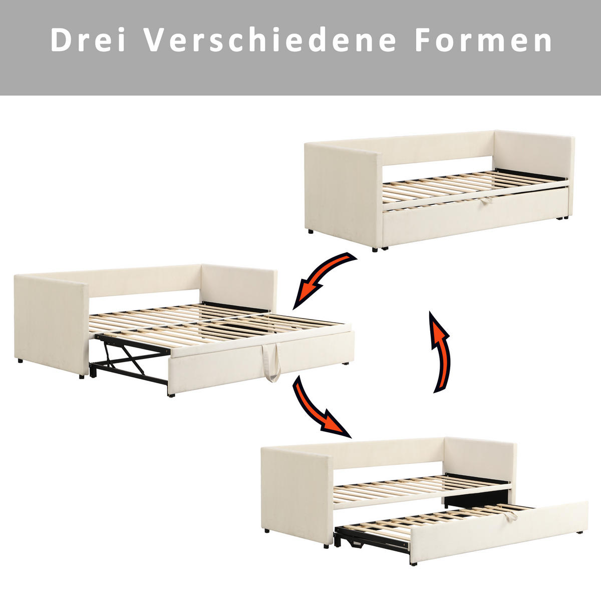 AUSZIEHBETT 90/180/200 cm DE-01728, in Beige, mit Lattenrost - Beige, Holz (90/200cm) - ComfortXL