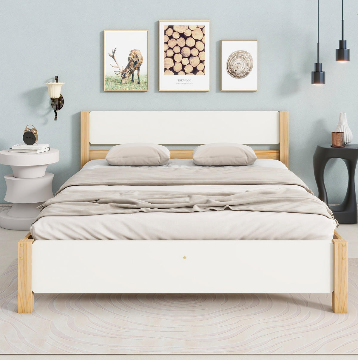 RAHMENBETT Doppelbett 140/200 cm Weiß + Natur Kiefernholzrahmen mit Mittelfuß - Naturfarben, Holz (140/200cm) - OKWISH