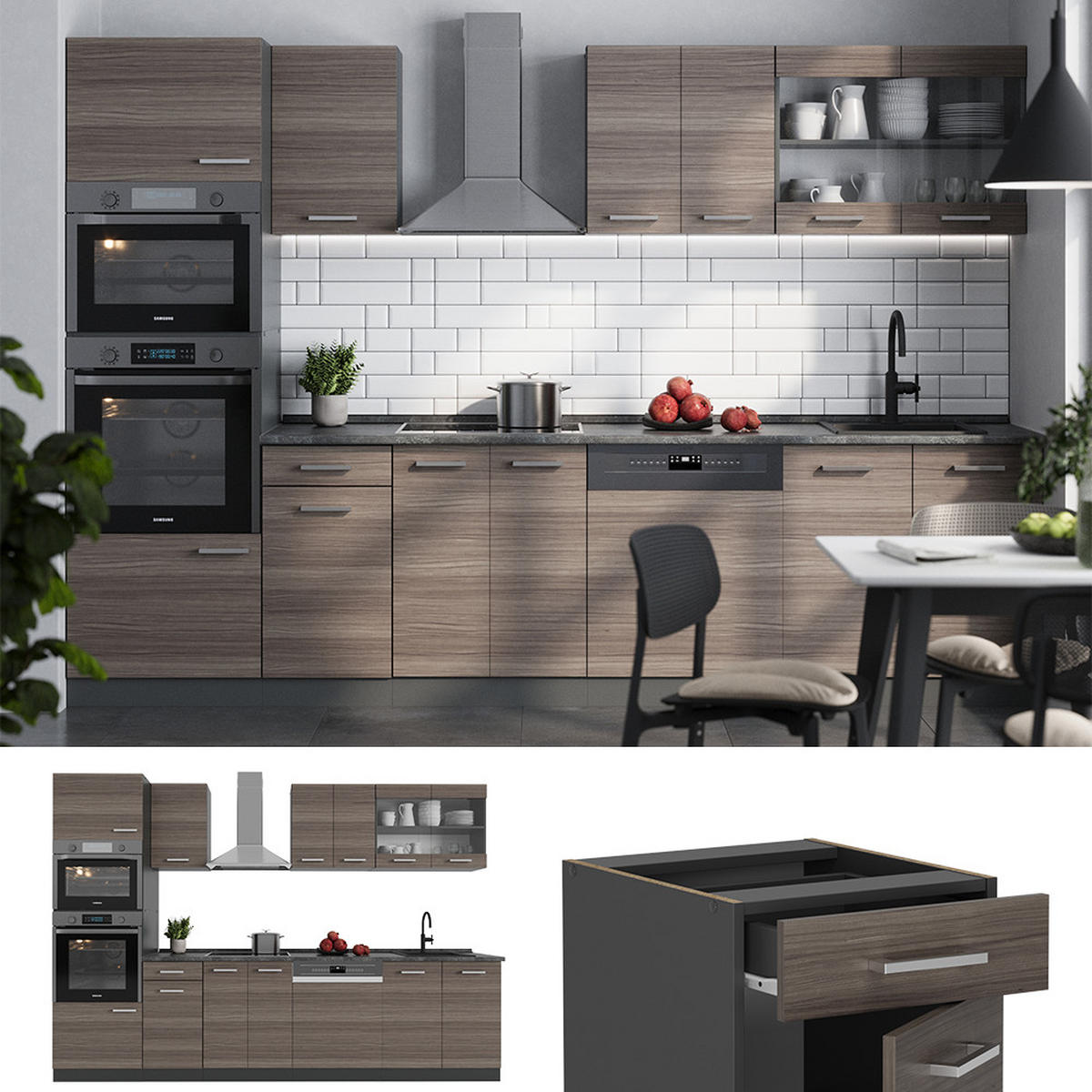 KÜCHENZEILE R-Line Edelgrau/Anthrazit 300 cm mit Hochschrank, ohne Arbeitsplatte - Anthrazit/Braun, Holzwerkstoff (300/81.6/46cm) - Vicco