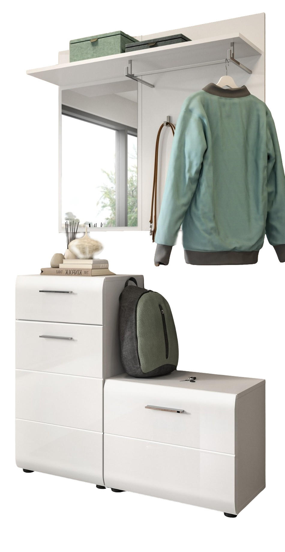 GARDEROBE Set 3-teilig weiß Hochglanz 98 cm, Flurgarderobe komplett-Set, Breite 98 cm - Weiß Hochglanz/Silberfarben, Holzwerkstoff/Kunststoff (98/190/191cm) - Inn.Furn