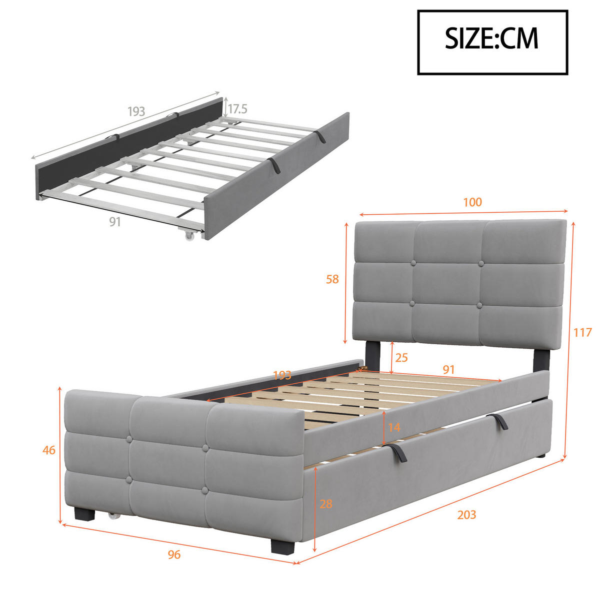 ČALOUNĚNÁ postel 90/190 cm šedá ze sametu s výsuvným lůžkem - šedá, textil (90/190cm) - OKWISH