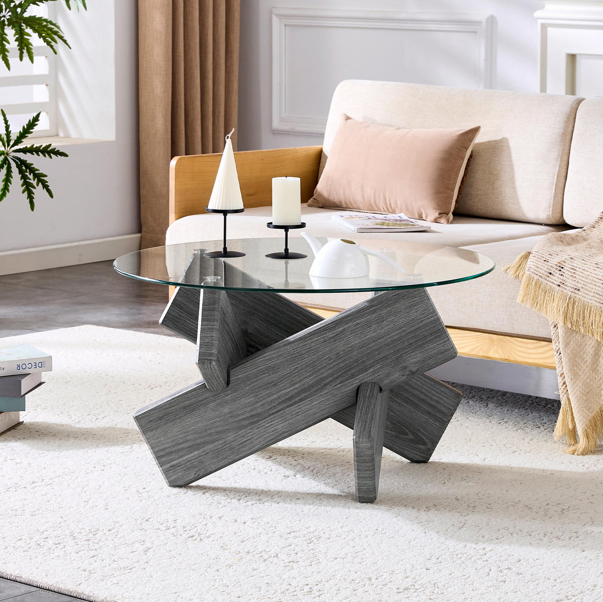 COUCHTISCH 79/45 cm aus Glas und MDF mit Kreuzgestell in Grau - Grau, Holzwerkstoff (79/79/45cm) - Flora Grace
