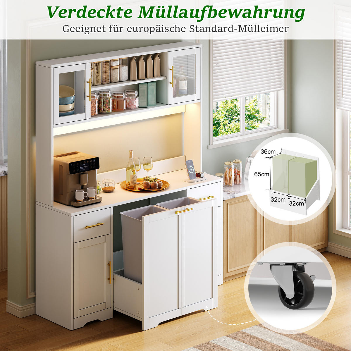 BUFFET DE-38725 140/40/173 cm LED-Beleuchtung und Müllschrank Weiß/Gold - Weiß, Holzwerkstoff (140/173/40cm) - ComfortXL