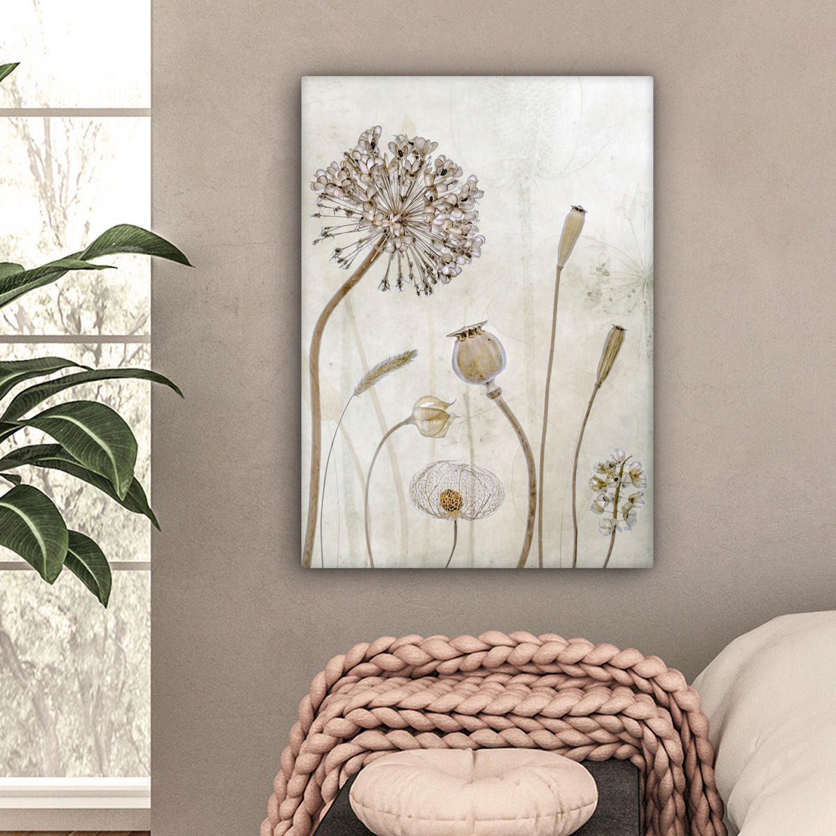 LEINWANDBILD Blumen - Aquarell - Stilleben - Braun - Vintage 60x80 cm - Beige, Textil (60/80cm) - MuchoWow