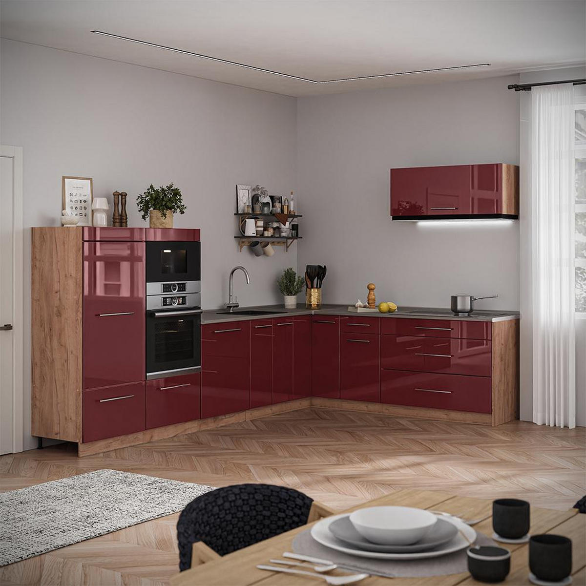 BUCĂTĂRIE PE COLȚ Fame-Line, Bordeaux lucios ridicat/Stejar auriu, 327 x 227 cm fara blat - stejar miere/bordo, compozit lemnos (327/153.6/51.6cm) - Vicco