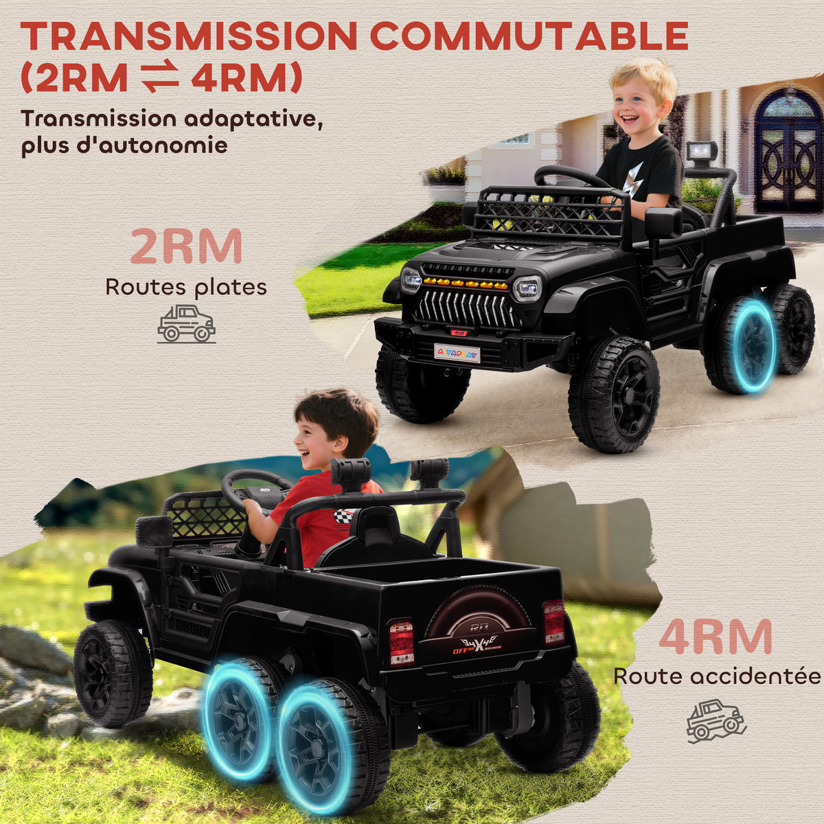 ELEKTRO-KINDERAUTO DE-13148 4x4/2x2 Modus Schwarz - Schwarz, Kunststoff (122/62.5/65cm) - ComfortXL