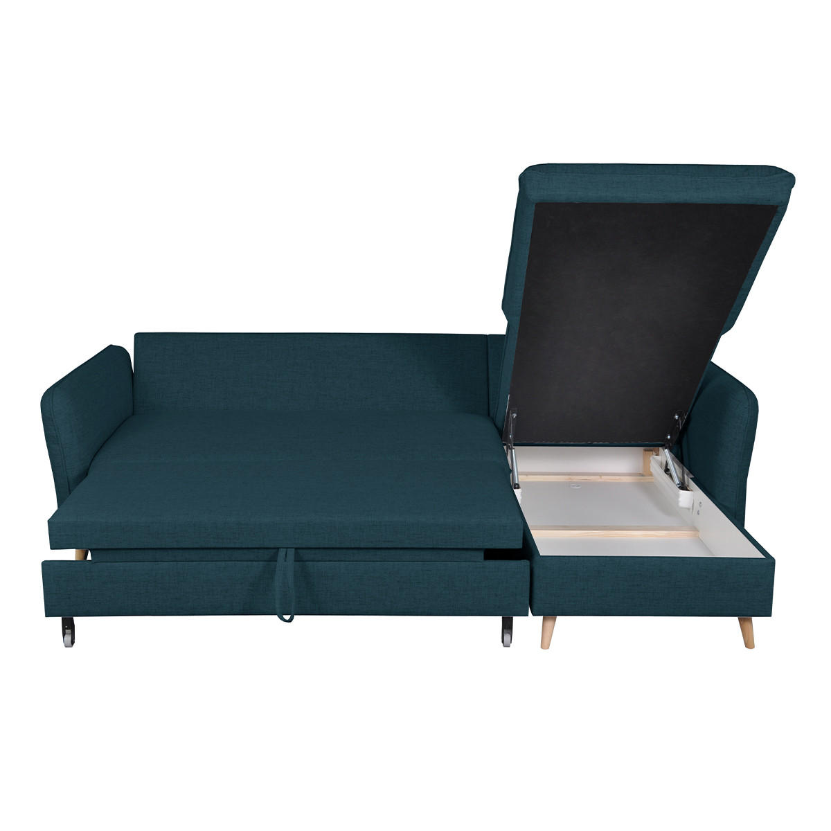 ECK-SCHLAFSOFA Stauraum 3/4-Sitzer Terracotta Stoff Helles Holz DRISS - Blau, Textil (159.5/241cm) - Miliboo