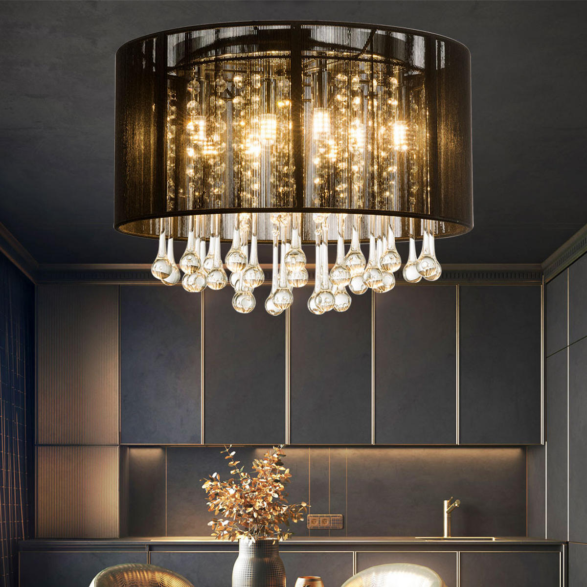 LED DECKENLEUCHTE Metall Schwarz Kristalloptik - Schwarz, Glas (40/40/29cm) - Globo Lighting