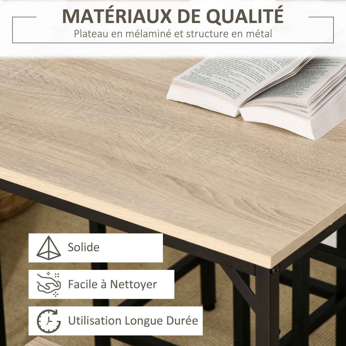 BARTISCH-SET DE-14688 Industrie-Design mit 4 Hockern Eiche hell & Schwarz - Beige, Metall (100/60/88cm) - ComfortXL